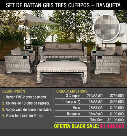SET DE RATTÁN GRIS DE TRES CUERPOS + BANQUETA
